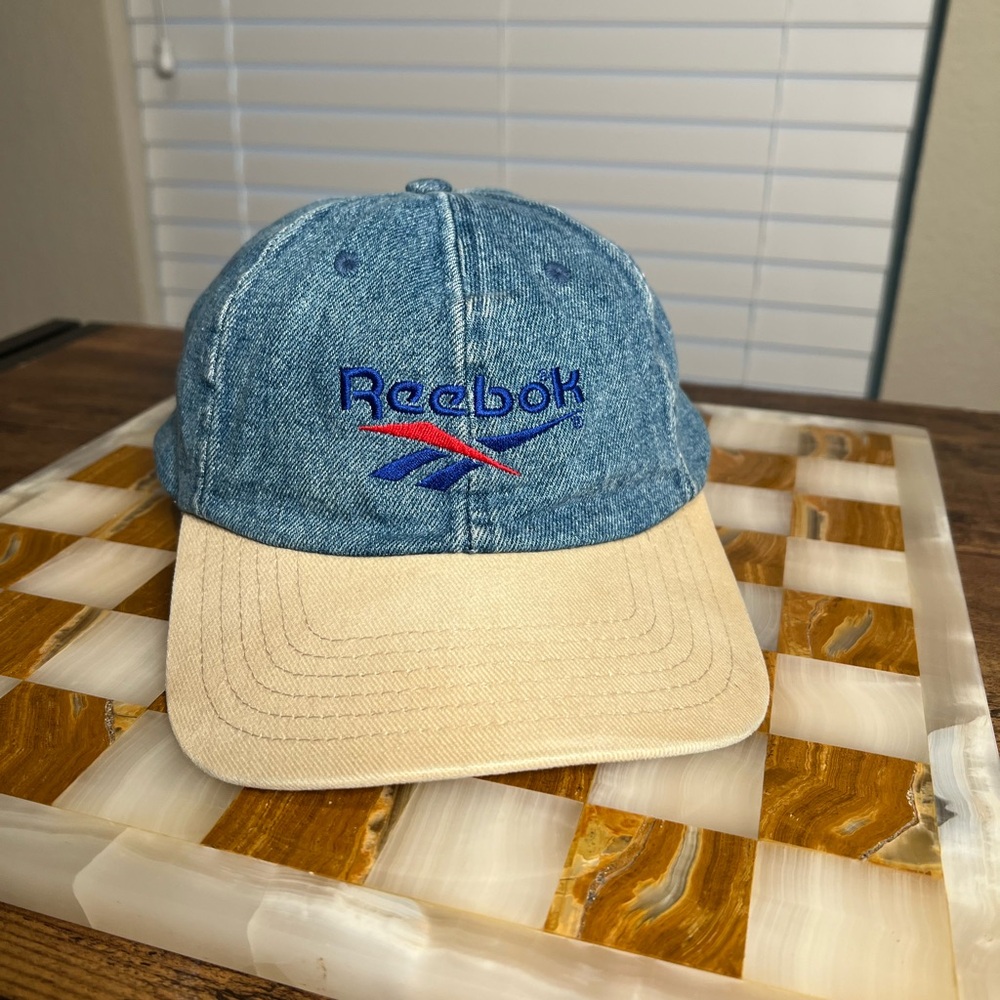 Vintage Reebok Hat Blue Denim Beige Tan Ocean Spray Strapback 90s
